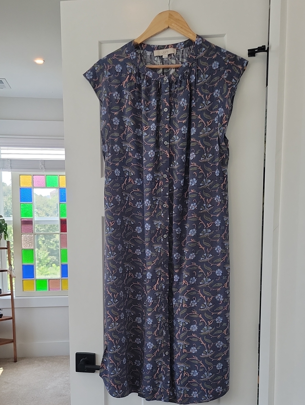 LOFT Blue Floral Button-Front Shift Dress